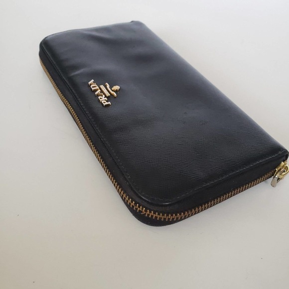 Prada Long Wallet Leather Zipper Black Zip Around Italy Continental Logo Clutch - Picture 9 of 13